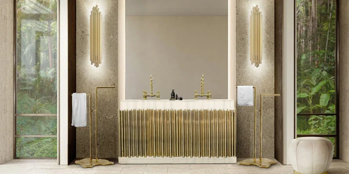Luxury Hotel Bathroom Interior With Nazca Vanity Cabinet and Sapphire Mirror by Maison Valentina