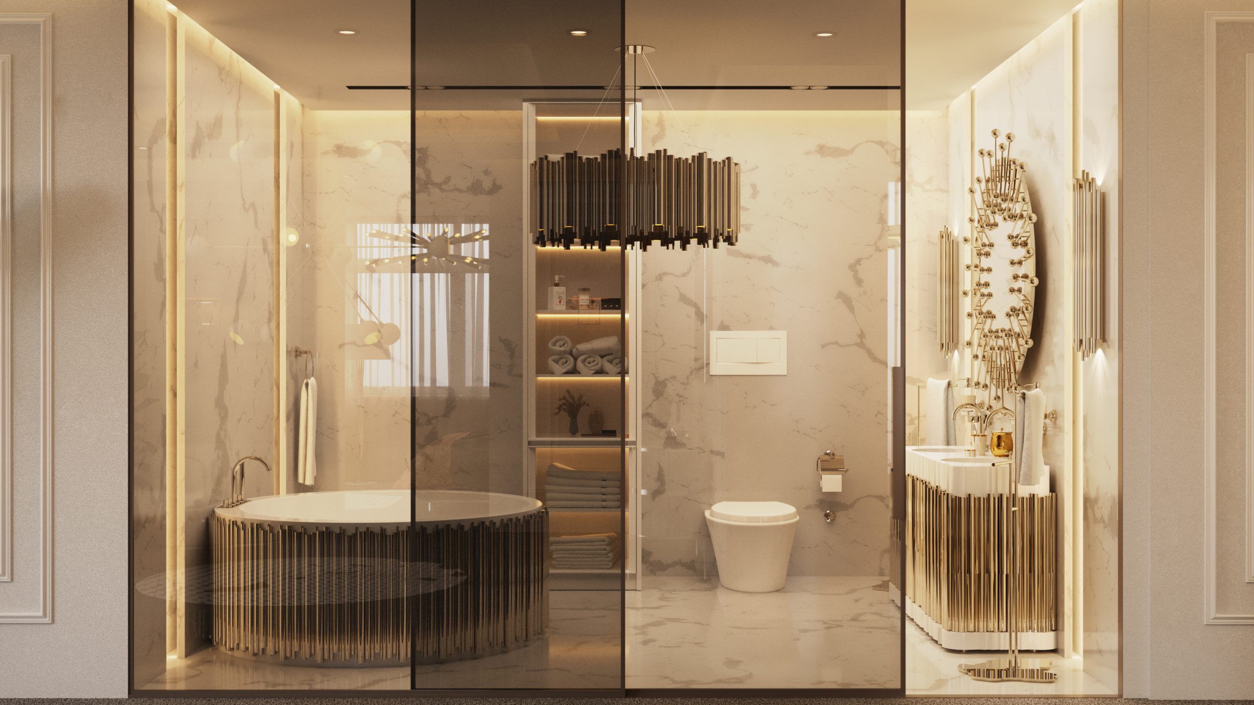 WHITE AND GOLD BATHROOM OF NYC APARTMENT