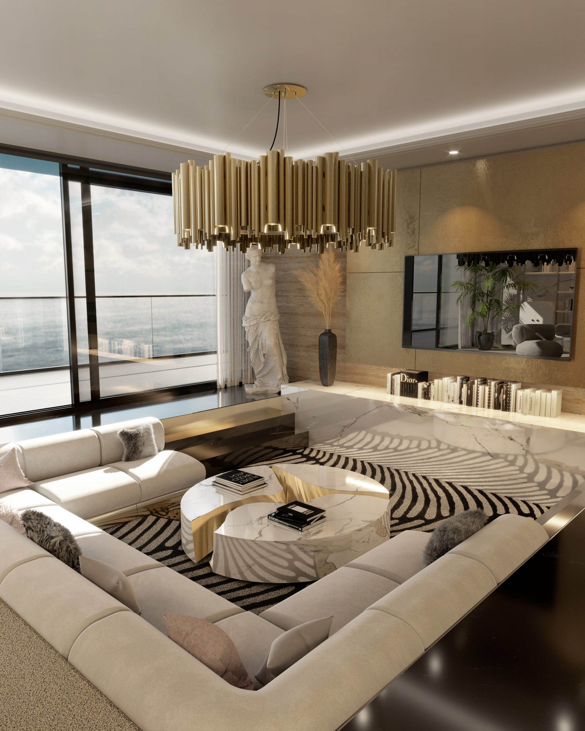 A LOVELY LIVING ROOM WITH A VIEW TO SAINT TROPEZ